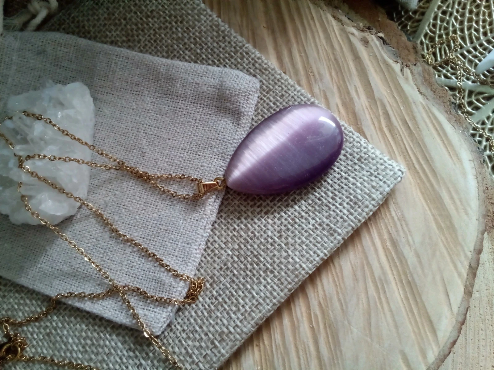 Collier pendentif pierre oeil de chat violette – photo 4